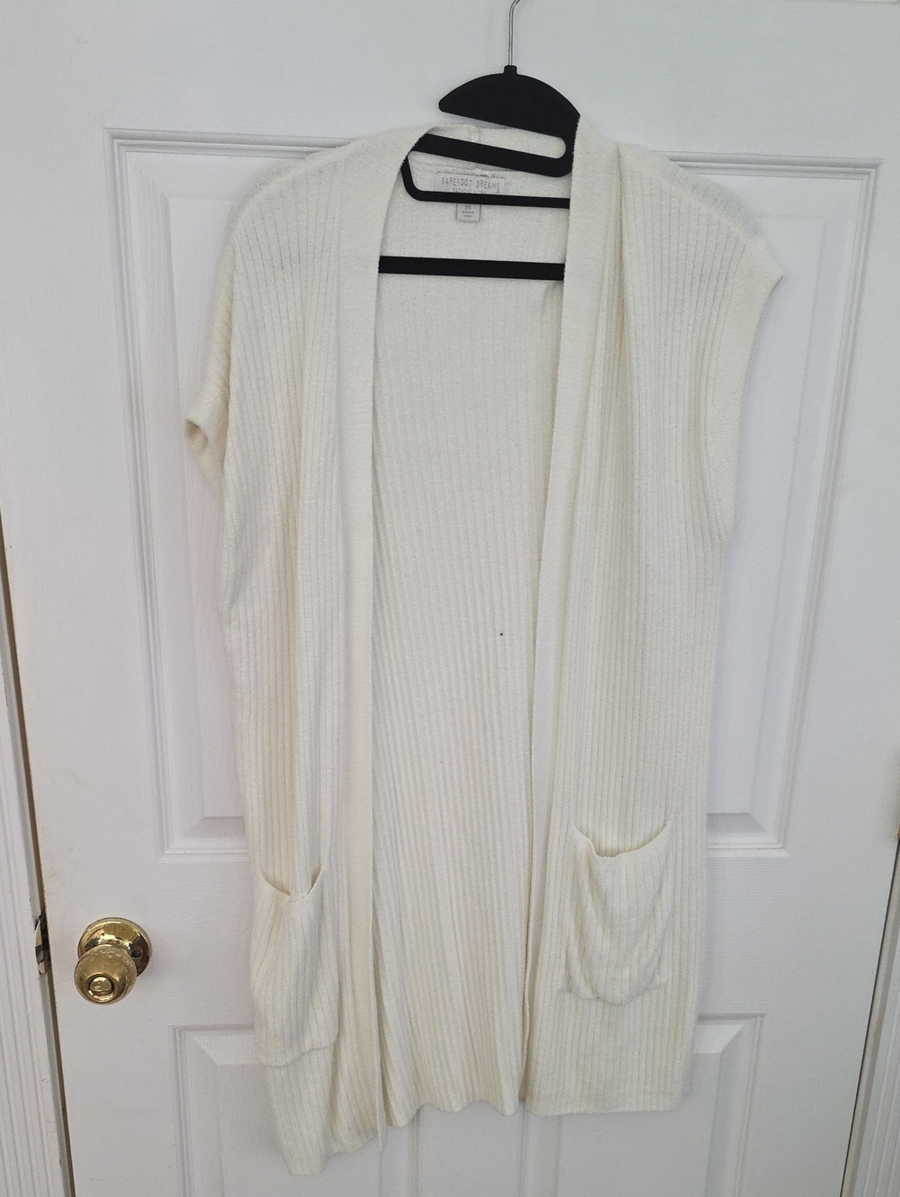 Barefoot Dreams Cream Ribbed Open Cardigan Vest with Pockets Size XS